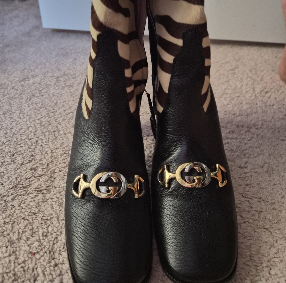 Gucci Black Leather Ankle Boots with Gold Accents